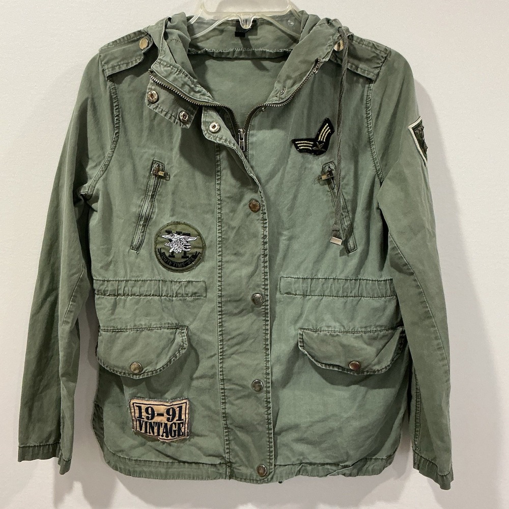 The Story‎ Green Military Style Utility Jacket Patches Women's Small Grunge